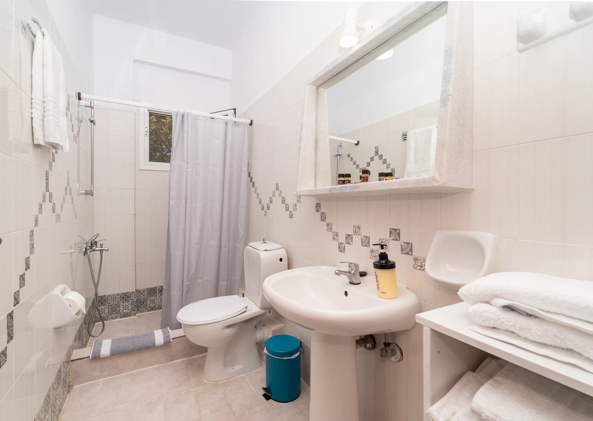 A bathroom with a shower, basin and care products in a Blue Houses apartment