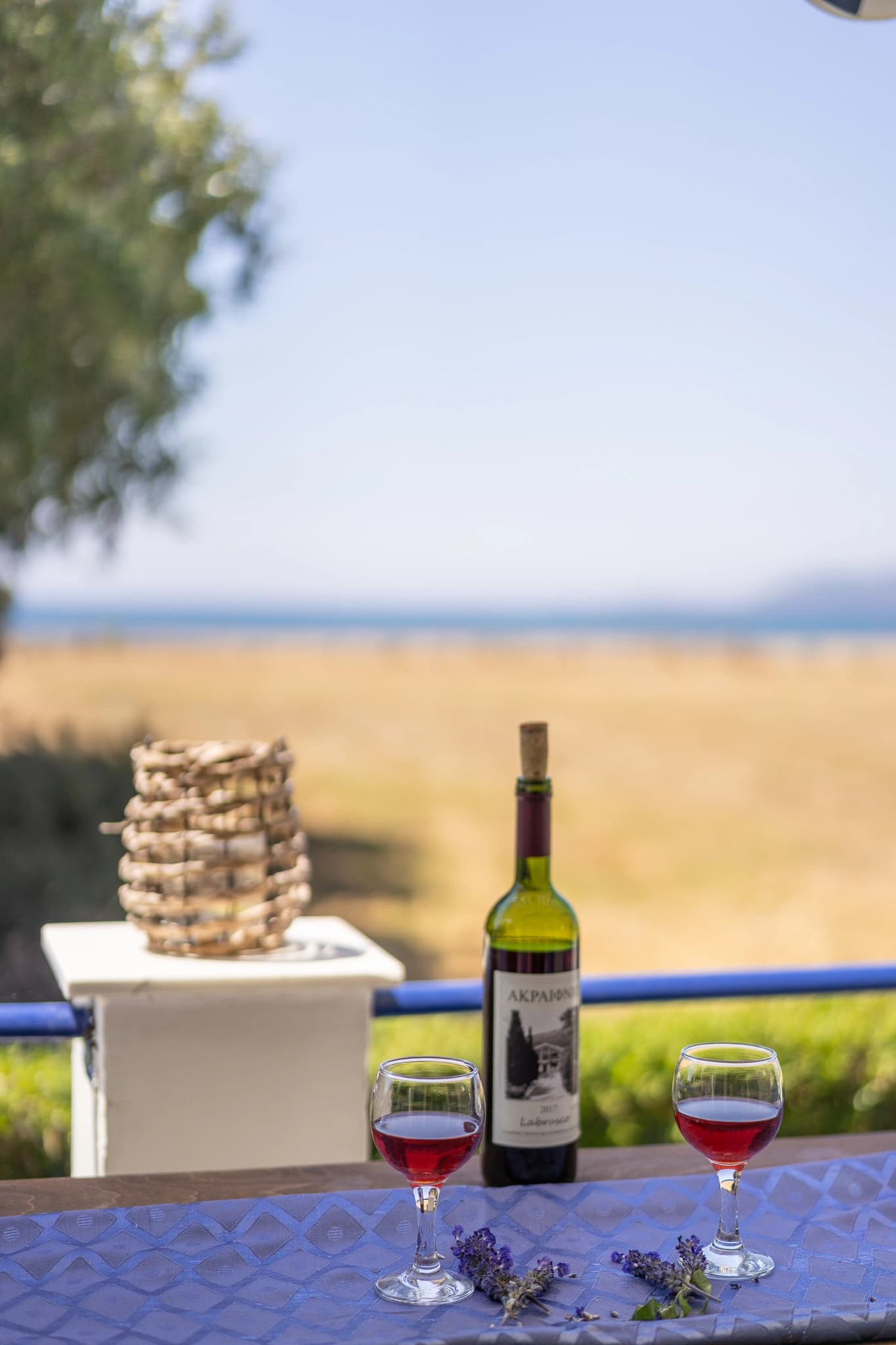 A bottle of wine and two glasses on a table with a view of the sea